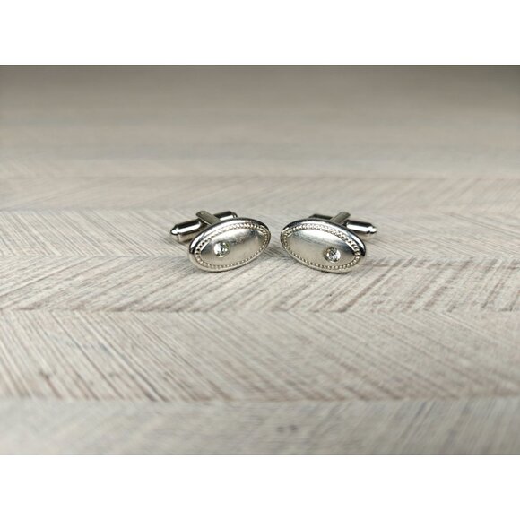 Vintage Hickok Silver Tone Oval Cufflinks With Rhinestone Accents MCM Retro - Picture 7 of 7